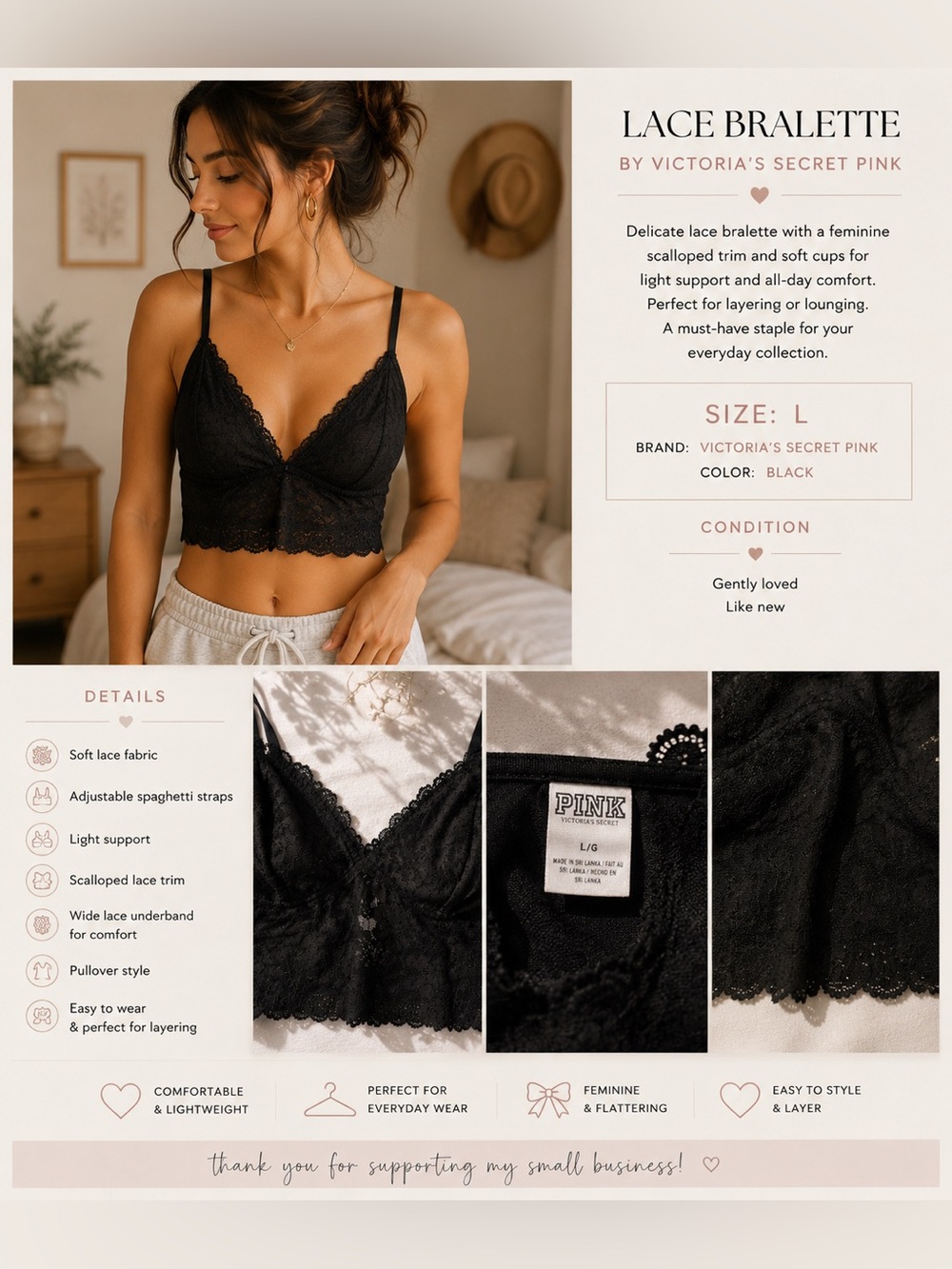 Victoria's Secret | PINK Black Lace Longline Bralette